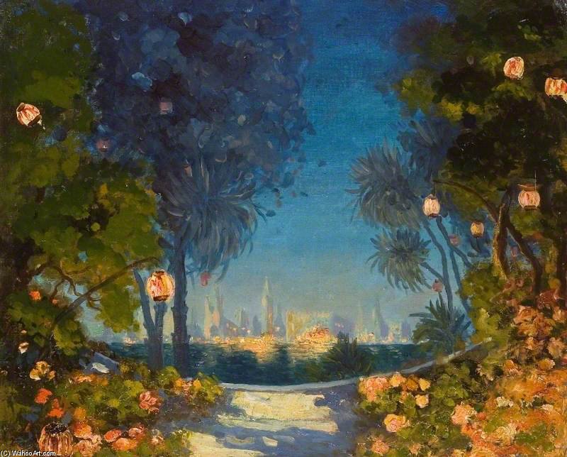 Wikioo.org – La Enciclopedia de las Bellas Artes - Pintura, Obras de arte de Thomas E Mostyn - ver a través de Un  Lago  hacia  Un  ayuntamiento