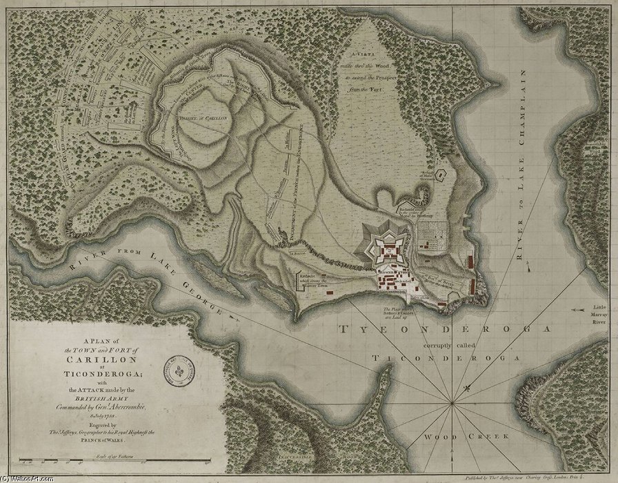 WikiOO.org - Encyclopedia of Fine Arts - Målning, konstverk Thomas Jefferys - This Is A Period Map Showing The Forces Arrayed At The At (then Known As Fort Carillon)