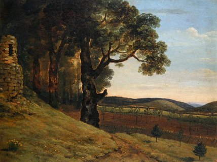 Wikioo.org - The Encyclopedia of Fine Arts - Painting, Artwork by Thomas Jones - Welsh Landscape With Oak Trees By A Ruin