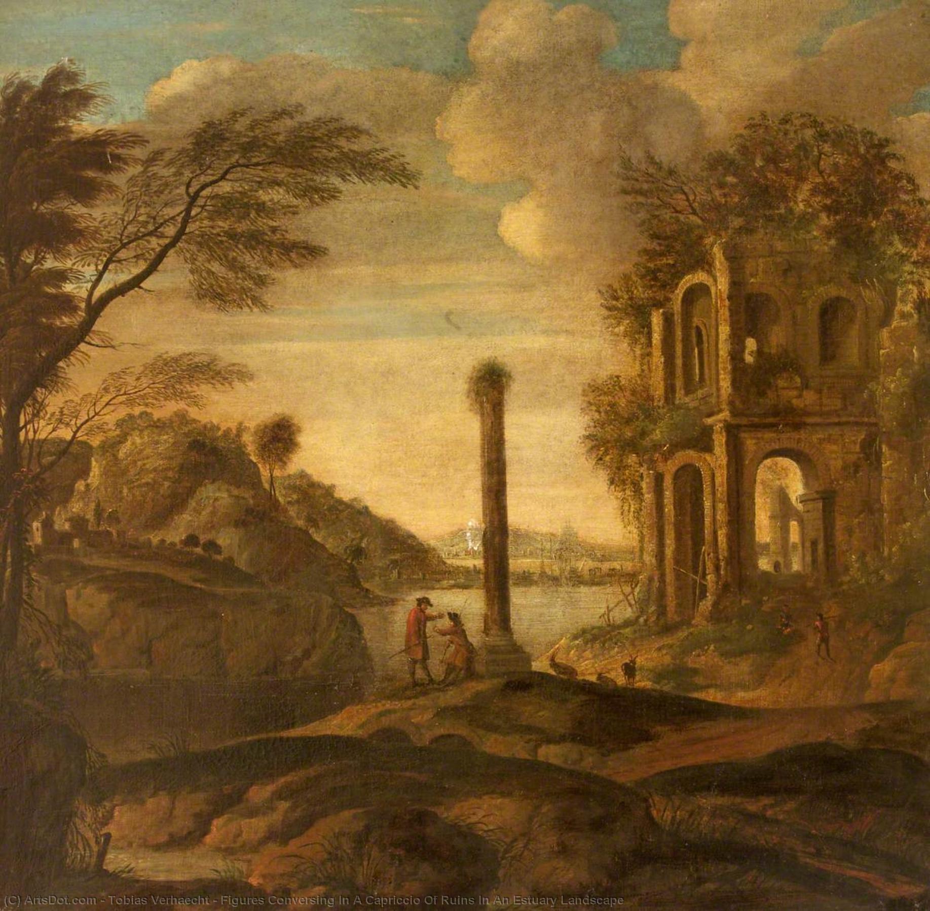 Wikioo.org - The Encyclopedia of Fine Arts - Painting, Artwork by Tobias Verhaecht - Figures Conversing In A Capriccio Of Ruins In An Estuary Landscape