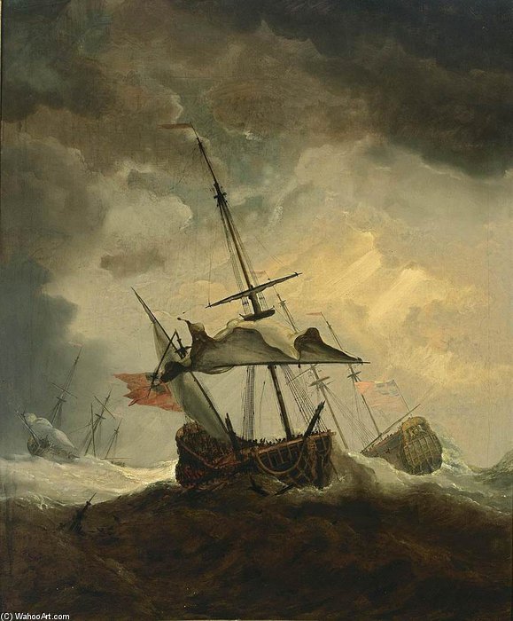 Wikioo.org – L'Encyclopédie des Beaux Arts - Peinture, Oeuvre de Willem Van De Velde The Younger - Petit Navire anglais démâté dans une tempête