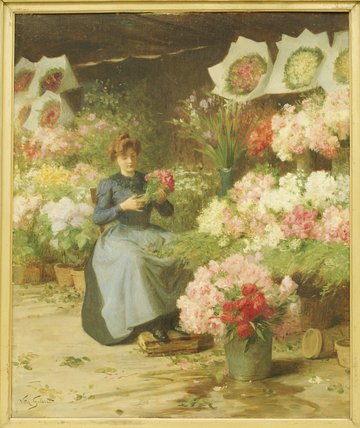 Wikioo.org - The Encyclopedia of Fine Arts - Painting, Artwork by Victor Gabriel Gilbert - Flower Seller In Front Of The Madeleine Church