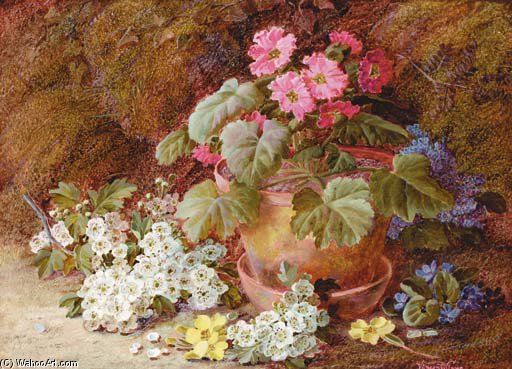Wikioo.org - Bách khoa toàn thư về mỹ thuật - Vẽ tranh, Tác phẩm nghệ thuật Vincent Clare - A Geranium In A Flower Pot With Primroses, May Blossom And African Violets On A Mossy Bank