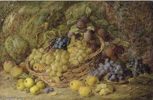 Wikioo.org - The Encyclopedia of Fine Arts - Painting, Artwork by Vincent Clare - Grapes, Apples, Plums And Blueberries In A Wicker Basket, With Pears And Peaches On A Mossy Bank