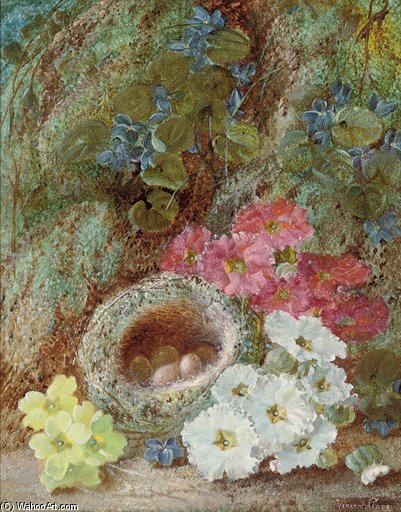 Wikioo.org - The Encyclopedia of Fine Arts - Painting, Artwork by Vincent Clare - Primroses And A Bird's Nest On A Mossy Bank