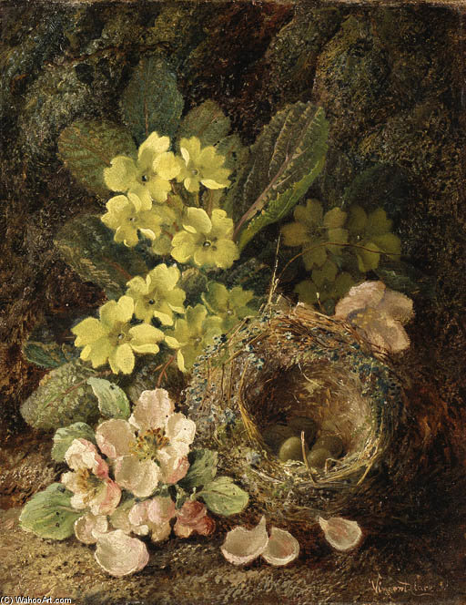 Wikioo.org – La Enciclopedia de las Bellas Artes - Pintura, Obras de arte de Vincent Clare - Primaveras Y de pájaro nido sobre un banco cubierto de musgo