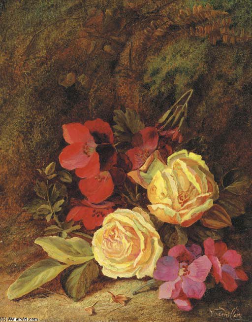 WikiOO.org – 美術百科全書 - 繪畫，作品 Vincent Clare - 报春花和玫瑰