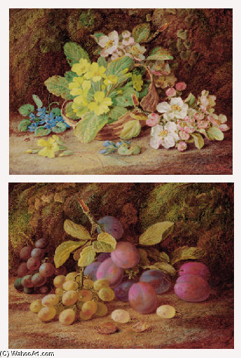 Wikioo.org - The Encyclopedia of Fine Arts - Painting, Artwork by Vincent Clare - Primroses, Apple Blossom, And A Wicker Basket, On A Mossy Bank; And Plums And Grapes On A Mossy Bank