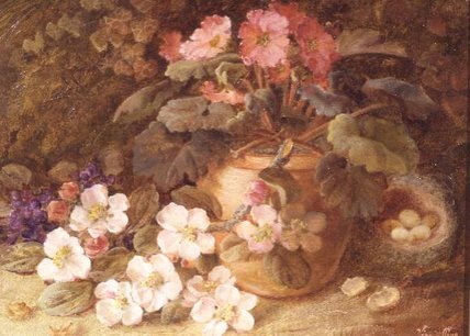 Wikioo.org - The Encyclopedia of Fine Arts - Painting, Artwork by Vincent Clare - Still Life With Apple Blossom, Primula And Bird's Nest