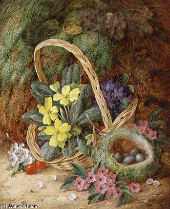 Wikioo.org - The Encyclopedia of Fine Arts - Painting, Artwork by Vincent Clare - Still Life With Primroses And A Bird's Nest