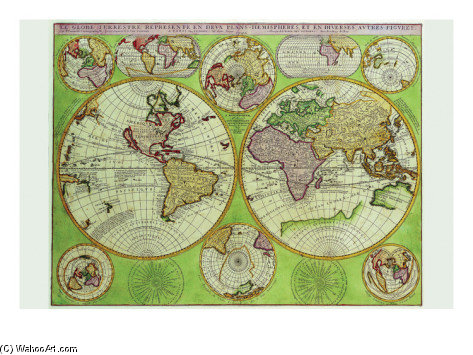 Wikioo.org - สารานุกรมวิจิตรศิลป์ - จิตรกรรม Vincenzo Maria Coronelli - Coronelli Stereographic World Map With Insets Of Polar Projections