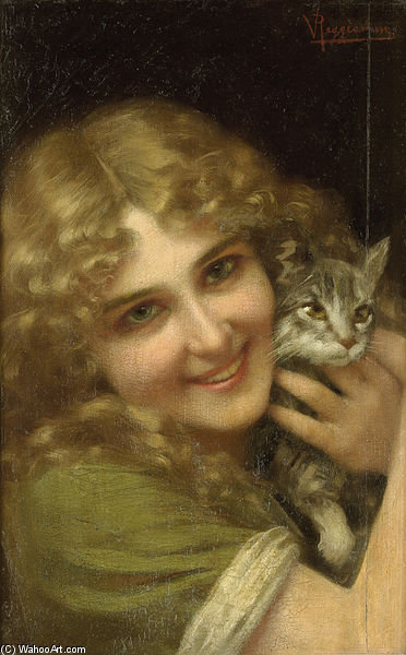 WikiOO.org – 美術百科全書 - 繪畫，作品 Vittorio Reggianini -  年轻女子  与 a `kitten`
