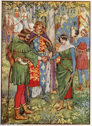 Wikioo.org - The Encyclopedia of Fine Arts - Painting, Artwork by Walter Crane - The King Joins The Hands Of Robin Hood And Maid