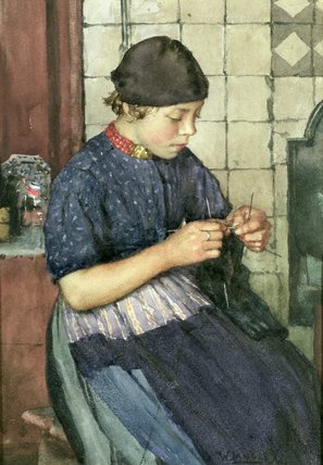 Wikoo.org - موسوعة الفنون الجميلة - اللوحة، العمل الفني Walter Langley - Girl Knitting