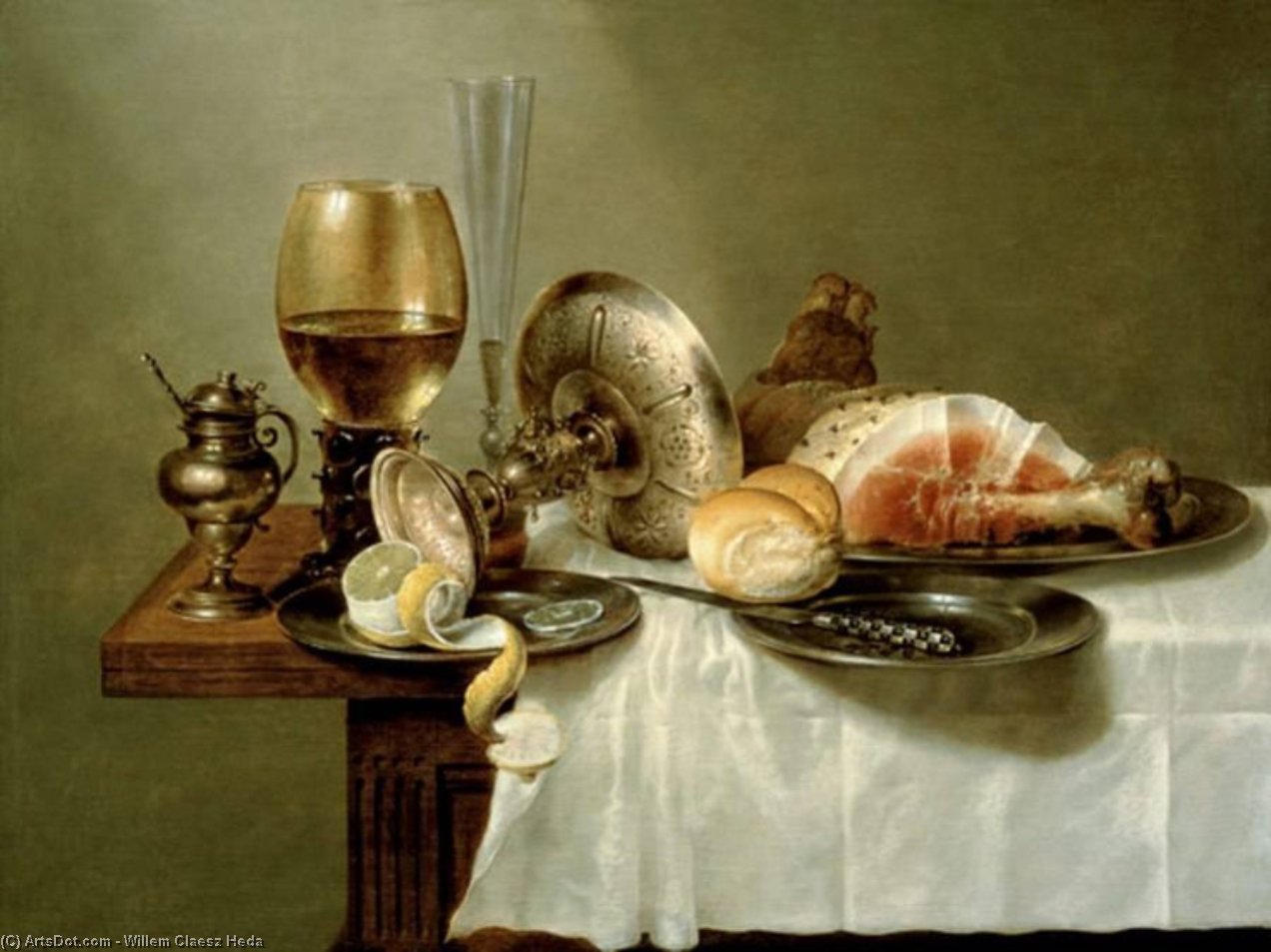 Wikioo.org - The Encyclopedia of Fine Arts - Painting, Artwork by Willem Claesz Heda - Still Life Of A Roemer, An Overturned Silver Tazza, A Flute And A Ham