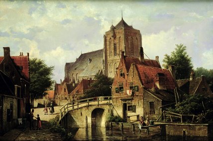 Wikioo.org - The Encyclopedia of Fine Arts - Painting, Artwork by Willem Koekkoek - A Dutch Town With A Church