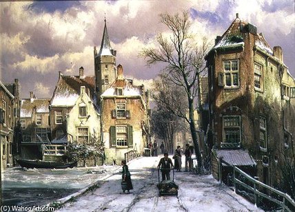Wikioo.org - The Encyclopedia of Fine Arts - Painting, Artwork by Willem Koekkoek - Pushing A Wheelbarrow In The Snow
