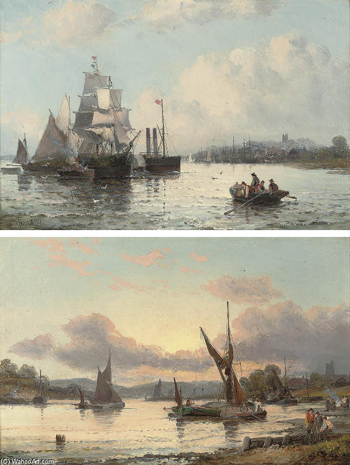 WikiOO.org - Encyclopedia of Fine Arts - Maalaus, taideteos William A. Thornley (Thornbery) - Paddle Steamer And Other Shipping On A River Estuary; And River Traffic At Dusk