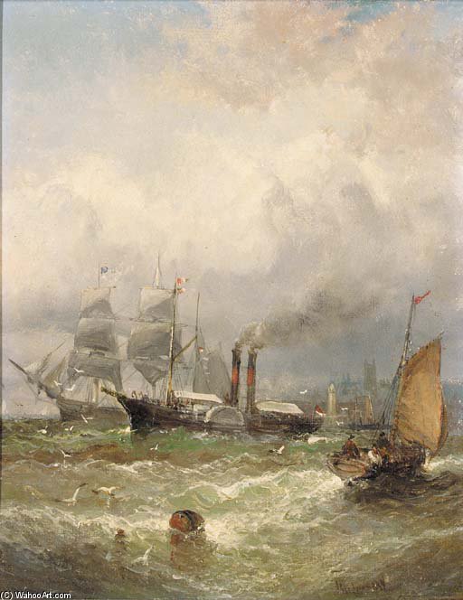 Wikioo.org - The Encyclopedia of Fine Arts - Painting, Artwork by William A. Thornley (Thornbery) - Paddlesteamer And Other Shipping Off A Harbour Mouth