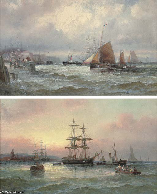 WikiOO.org - Encyclopedia of Fine Arts - Maľba, Artwork William A. Thornley (Thornbery) - Crowded Waters Off A Channel Port; And Shipping At Dusk