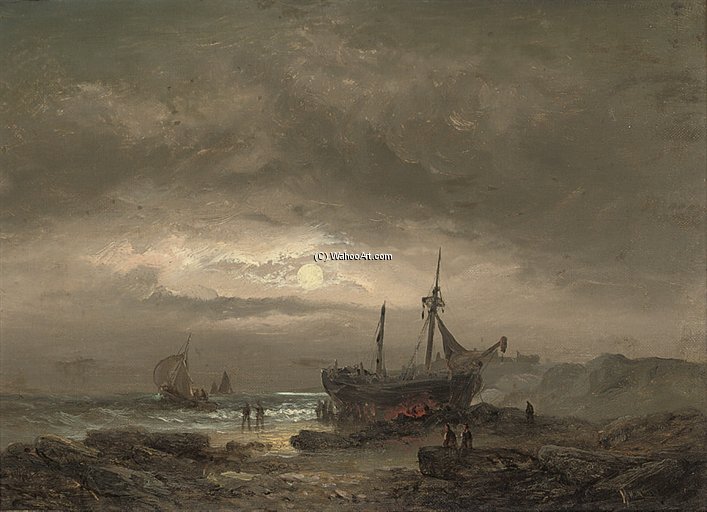 Wikioo.org - The Encyclopedia of Fine Arts - Painting, Artwork by William A. Thornley (Thornbery) - Fishermen On The Beach
