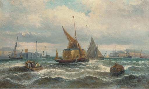Wikioo.org – La Enciclopedia de las Bellas Artes - Pintura, Obras de arte de William A. Thornley (Thornbery) - Heno barcazas y Otros Gastos de envío En El Puerto