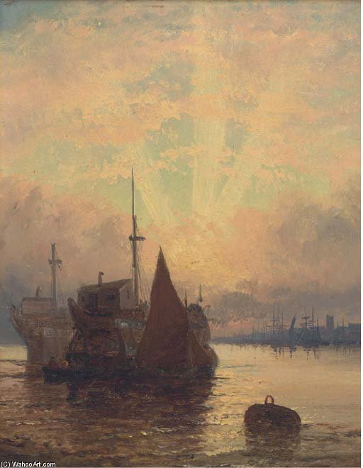 Wikioo.org - สารานุกรมวิจิตรศิลป์ - จิตรกรรม William Thornley - Old Hulks On The Medway At Dusk