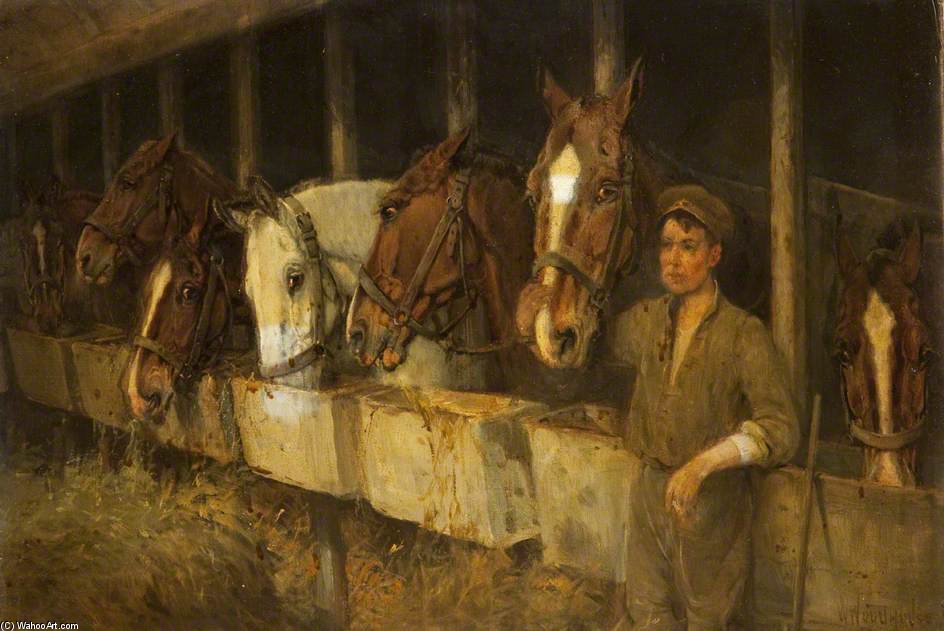 Wikoo.org - موسوعة الفنون الجميلة - اللوحة، العمل الفني William Arnold Woodhouse - Army Horses In Stables