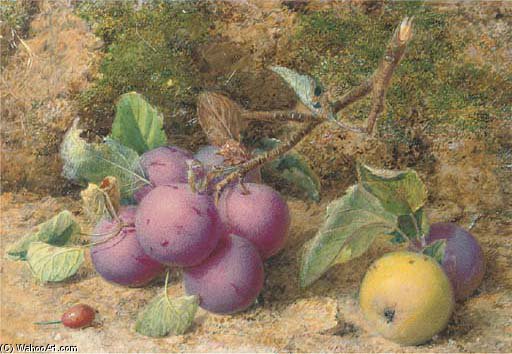 Wikioo.org - The Encyclopedia of Fine Arts - Painting, Artwork by William Hough - Still Life Of Plums And An Apple On A Mossy Bank