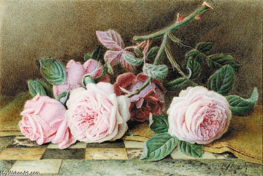 Wikioo.org - The Encyclopedia of Fine Arts - Painting, Artwork by William Hough - Still-life Of Pink Roses On A Marble Topped Table