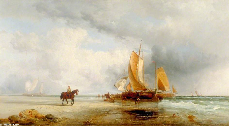 Wikioo.org - The Encyclopedia of Fine Arts - Painting, Artwork by William Joseph Shayer - Dutch Herring Bus Unloading On The Beach