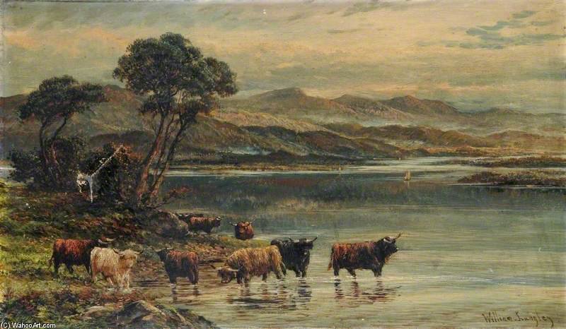 WikiOO.org - Encyclopedia of Fine Arts - Maalaus, taideteos William Langley - Highland Cows On The Edge Of A Loch