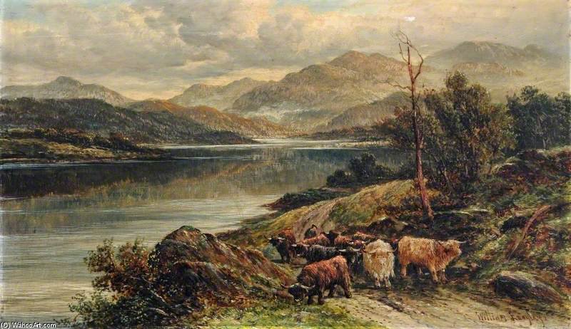 Wikoo.org - موسوعة الفنون الجميلة - اللوحة، العمل الفني William Langley - Loch With Highland Cattle