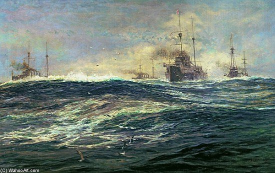 Wikioo.org - The Encyclopedia of Fine Arts - Painting, Artwork by William Lionel Wyllie - 1st Battle Squadron Of Dreadnoughts Steaming Down The Channel