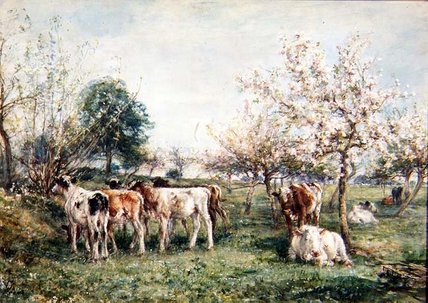 Wikioo.org - The Encyclopedia of Fine Arts - Painting, Artwork by William Mark Fisher - Calves In A Cherry Orchard