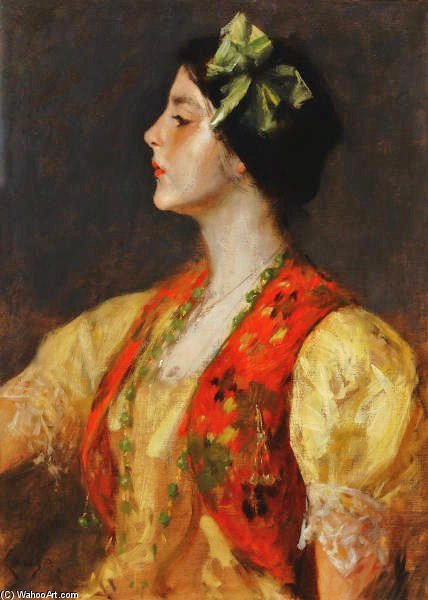 Wikioo.org – L'Encyclopédie des Beaux Arts - Peinture, Oeuvre de William Merritt Chase - fille en rouge Brodé Veste