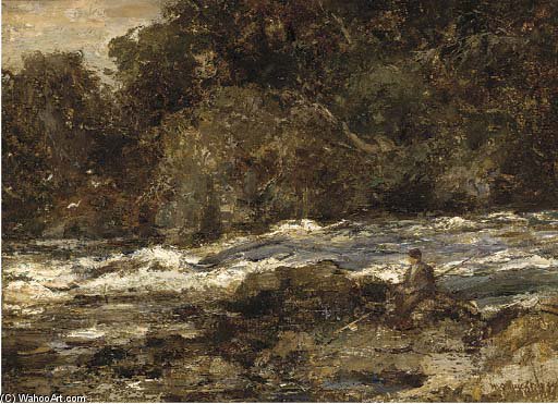 Wikioo.org - The Encyclopedia of Fine Arts - Painting, Artwork by William Stewart Macgeorge - An Angler On The Bank Of A Rocky River