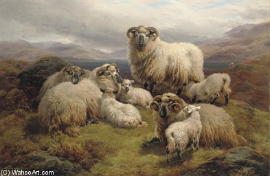 Wikoo.org - موسوعة الفنون الجميلة - اللوحة، العمل الفني William Watson - Sheep Grazing By A Loch