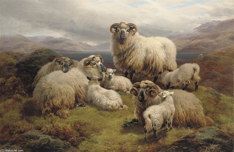 Wikoo.org - موسوعة الفنون الجميلة - اللوحة، العمل الفني William Watson - Sheep Grazing By A Loch