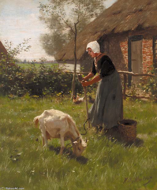 Wikioo.org - The Encyclopedia of Fine Arts - Painting, Artwork by Willy Martens - A Farmer's Wife Tending To The Livestock