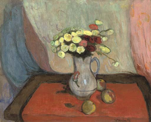 WikiOO.org - Encyclopedia of Fine Arts - Maleri, Artwork Wladyslaw Slewinski - Vase De Fleurs Avec Trois Pommes