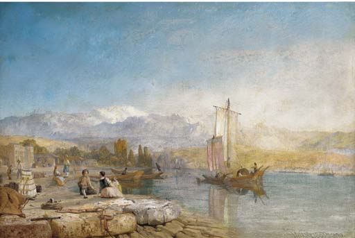 Wikioo.org - The Encyclopedia of Fine Arts - Painting, Artwork by James Baker Pyne - Figures On The Bank Of Lake Zurich