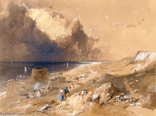 Wikioo.org - สารานุกรมวิจิตรศิลป์ - จิตรกรรม James Baker Pyne - Figures Walking On The Cliffs Above Sandgate, Kent