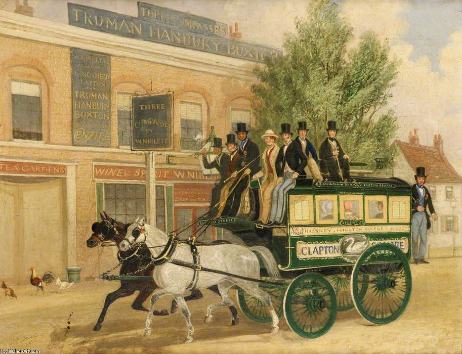 Wikioo.org - The Encyclopedia of Fine Arts - Painting, Artwork by James Pollard - An Omnibus Passing The 'three Compasses Inn', Clapton, London
