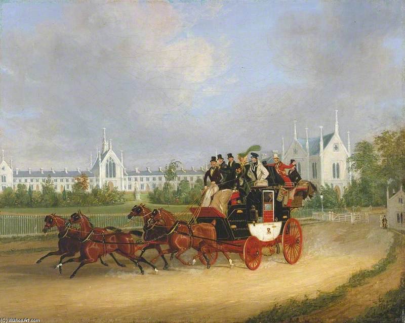 Wikioo.org - The Encyclopedia of Fine Arts - Painting, Artwork by James Pollard - The 'tally-ho' London - Birmingham Stage Coach Passing Whittington College, Highgate