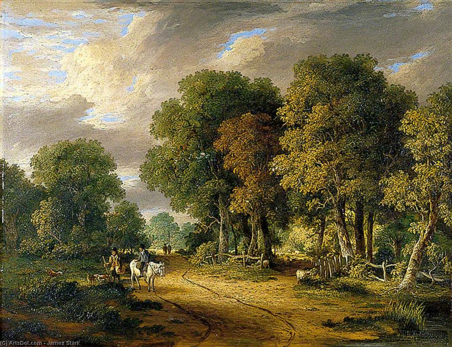 Wikioo.org - The Encyclopedia of Fine Arts - Painting, Artwork by James Stark - A View Through Trees With A Horseman And Other Figures, Cattle And Sheep