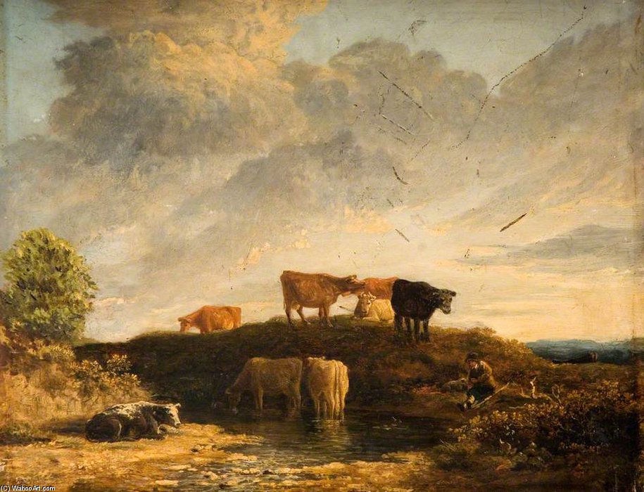 Wikioo.org – La Enciclopedia de las Bellas Artes - Pintura, Obras de arte de James Stark - en vacas un riego iglesia