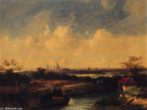 Wikioo.org - The Encyclopedia of Fine Arts - Painting, Artwork by James Stark - Figures On A Hay Barge With Windmills And A Church Beyond
