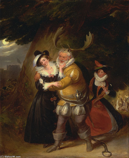 Wikioo.org - The Encyclopedia of Fine Arts - Painting, Artwork by James Stephanoff - Falstaff At Herne's Oak, From 'the Merry Wives Of Windsor'