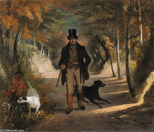 Wikioo.org - The Encyclopedia of Fine Arts - Painting, Artwork by James William Giles - A Sportsman With Gundogs On A Woodland Path